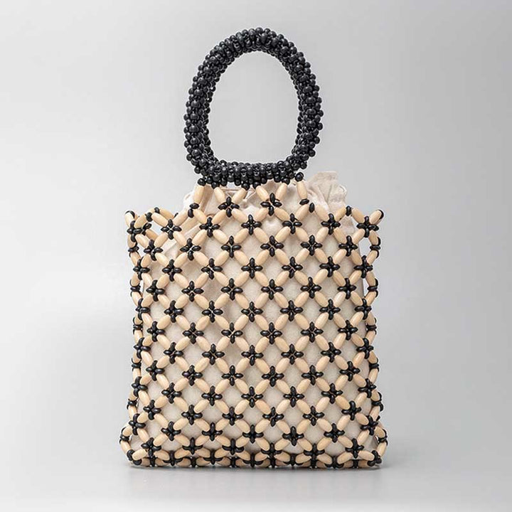 Bolso de mano de cuentas de madera tejidas a mano con piedras Buda