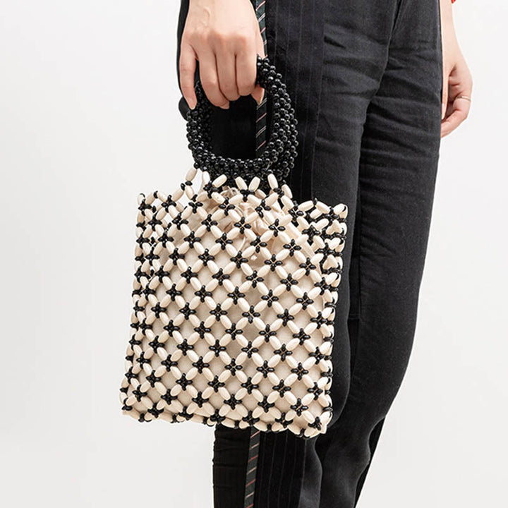 Bolso de mano de cuentas de madera tejidas a mano con piedras Buda