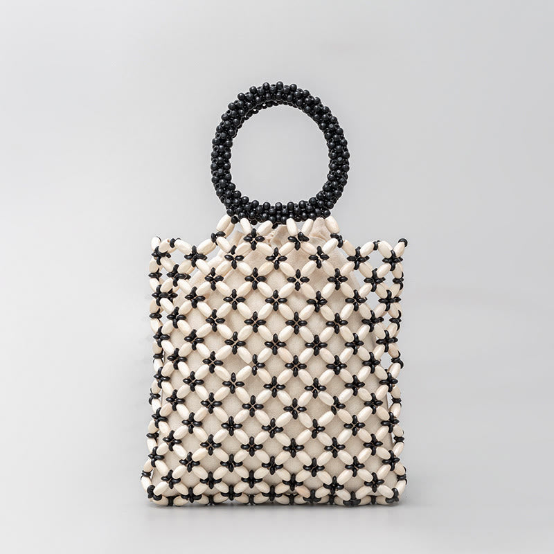 Bolso de mano de cuentas de madera tejidas a mano con piedras Buda