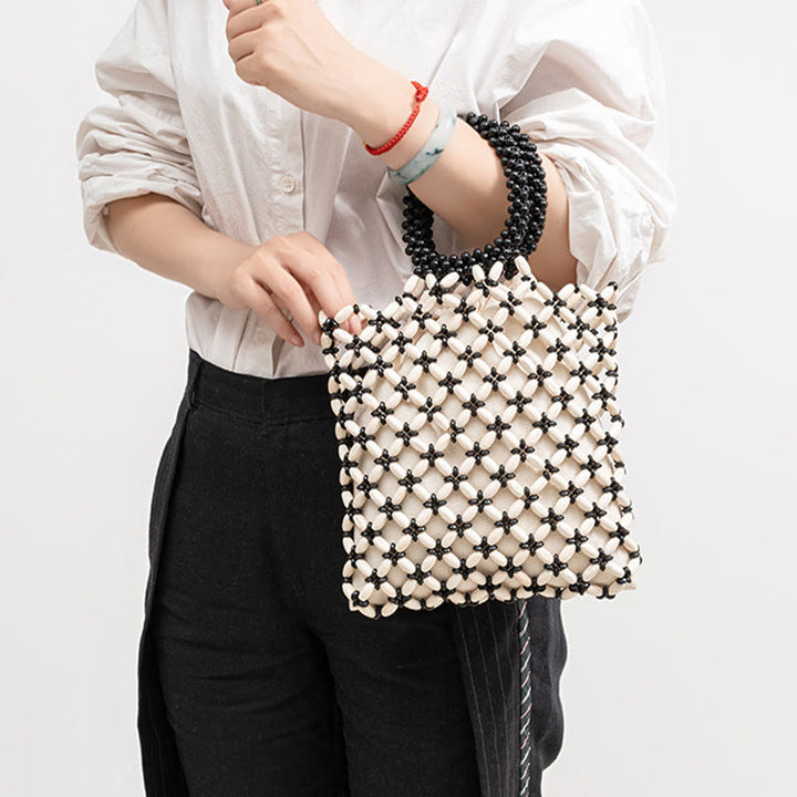 Bolso de mano de cuentas de madera tejidas a mano con piedras Buda