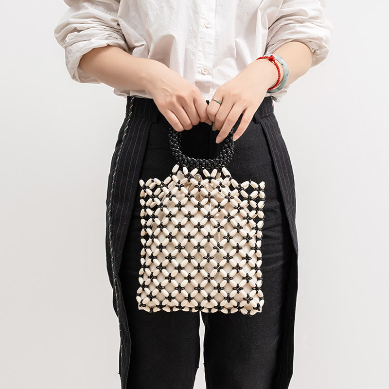 Bolso de mano de cuentas de madera tejidas a mano con piedras Buda