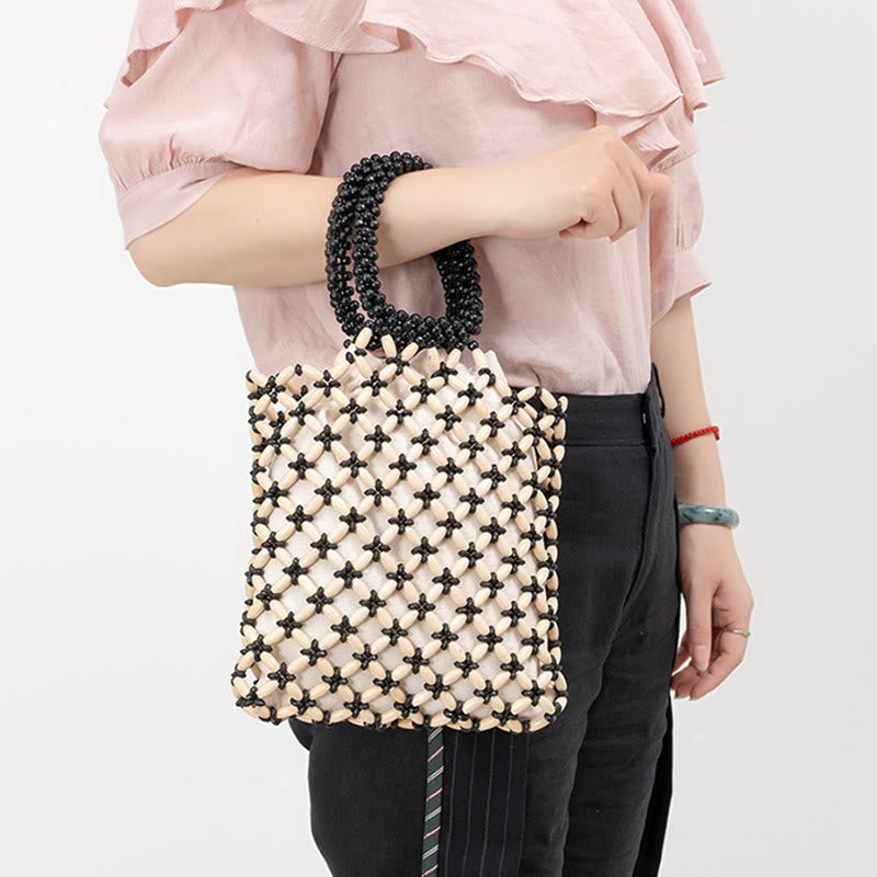 Bolso de mano de cuentas de madera tejidas a mano con piedras Buda