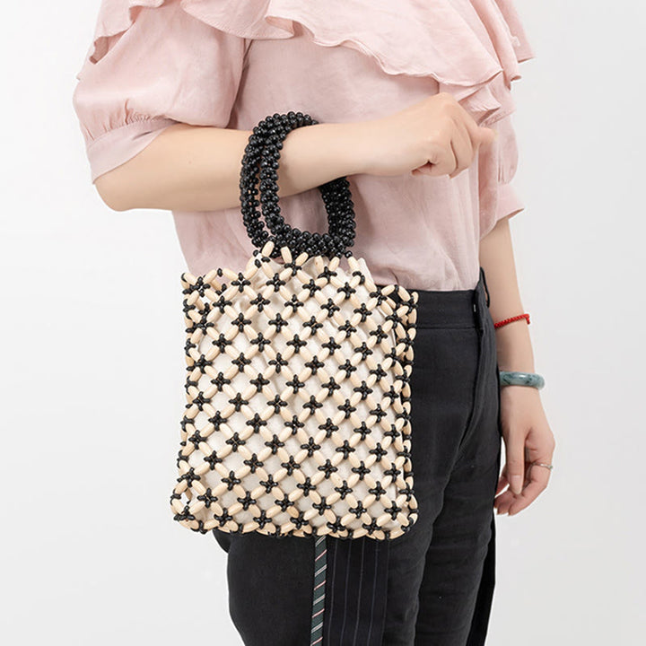Bolso de mano de cuentas de madera tejidas a mano con piedras Buda