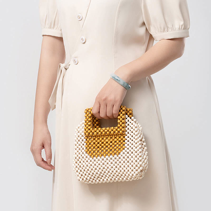 Bolso de mano cuadrado con cuentas de madera tejidas a mano de piedras Buda