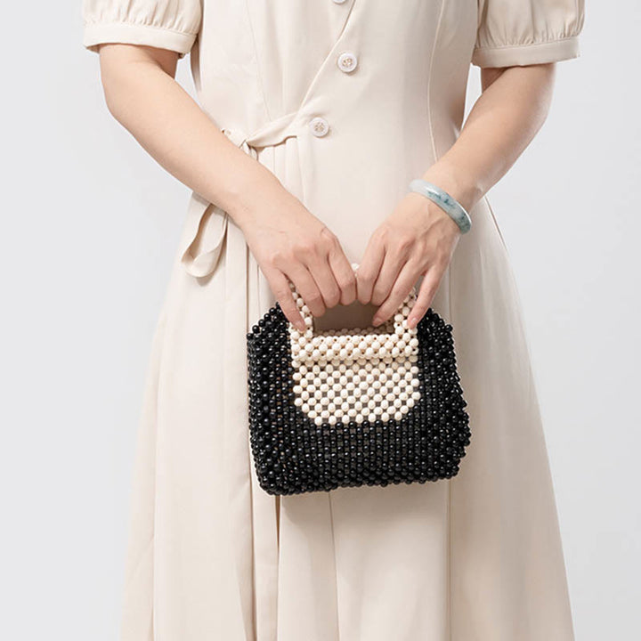 Bolso de mano cuadrado con cuentas de madera tejidas a mano de piedras Buda