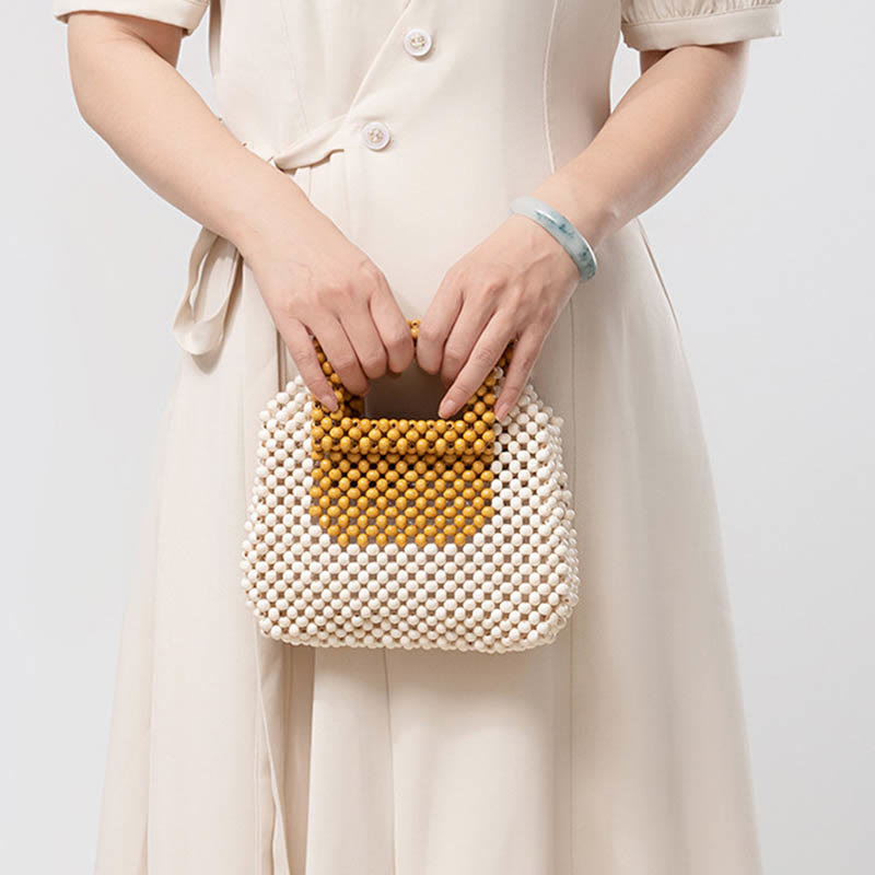 Bolso de mano cuadrado con cuentas de madera tejidas a mano de piedras Buda