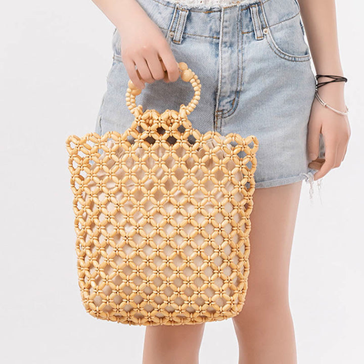 Bolso de mano de cuentas de madera huecas, red trenzada de hilo de pescar hecho a mano, piedras de Buda