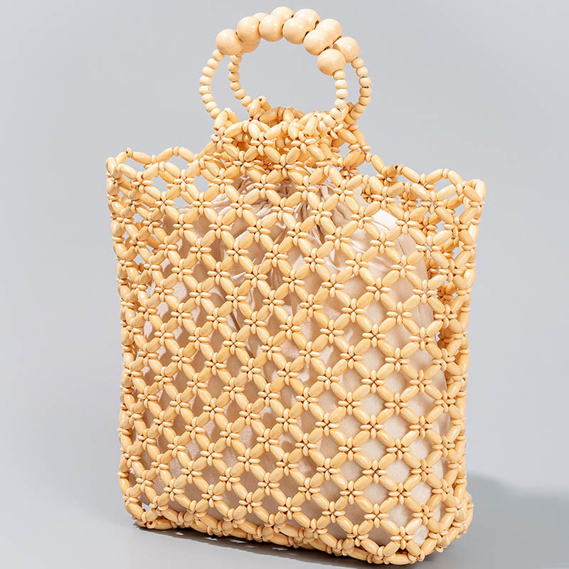 Bolso de mano de cuentas de madera huecas, red trenzada de hilo de pescar hecho a mano, piedras de Buda