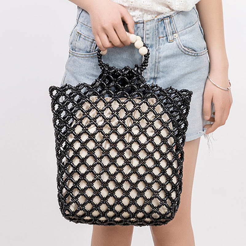 Bolso de mano de cuentas de madera huecas, red trenzada de hilo de pescar hecho a mano, piedras de Buda