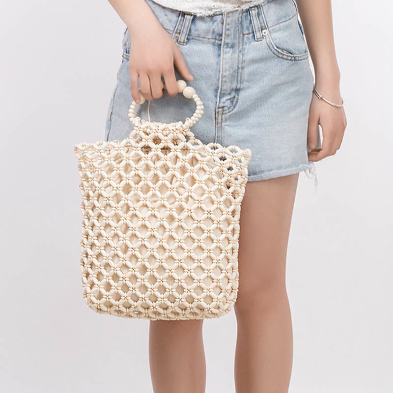 Bolso de mano de cuentas de madera huecas, red trenzada de hilo de pescar hecho a mano, piedras de Buda