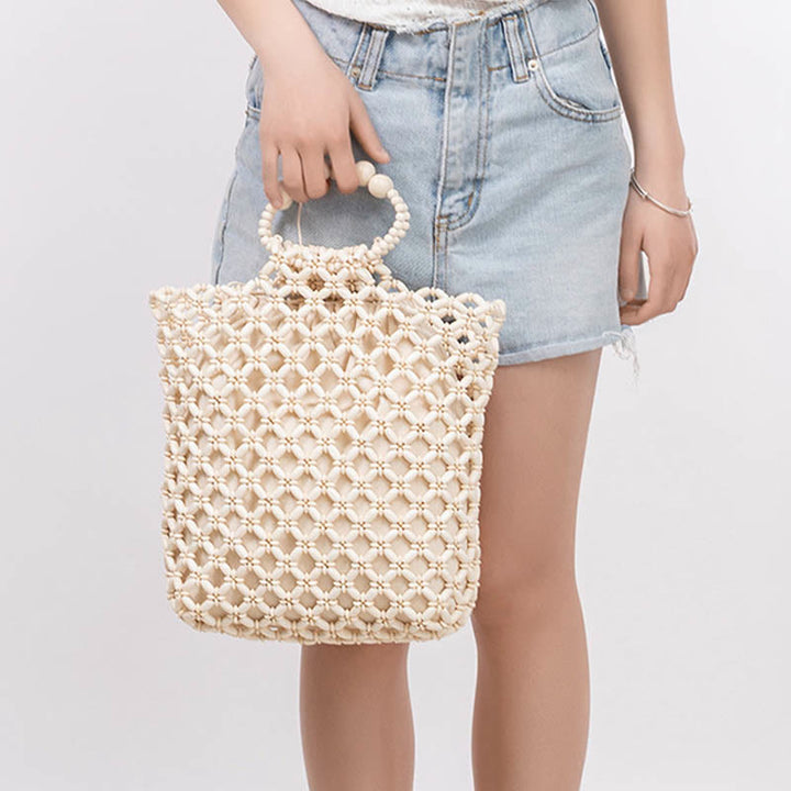 Bolso de mano de cuentas de madera huecas, red trenzada de hilo de pescar hecho a mano, piedras de Buda