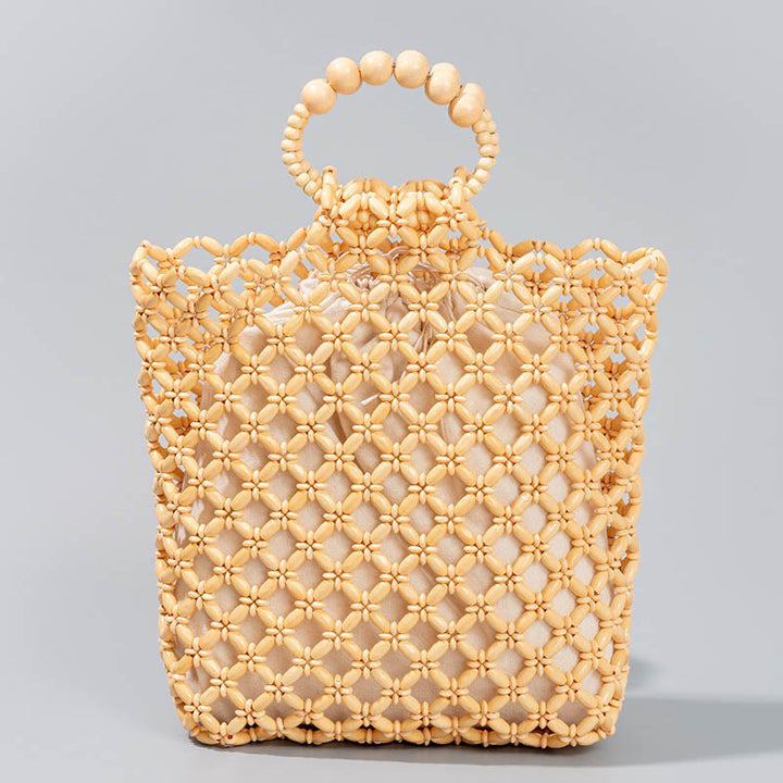 Bolso de mano de cuentas de madera huecas, red trenzada de hilo de pescar hecho a mano, piedras de Buda