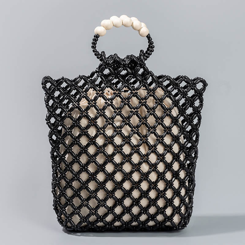 Bolso de mano de cuentas de madera huecas, red trenzada de hilo de pescar hecho a mano, piedras de Buda