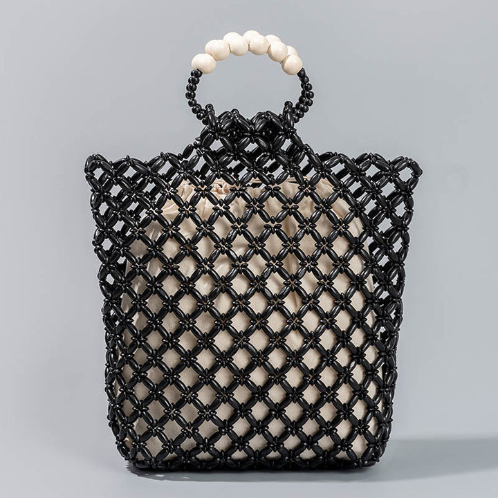 Bolso de mano de cuentas de madera huecas, red trenzada de hilo de pescar hecho a mano, piedras de Buda