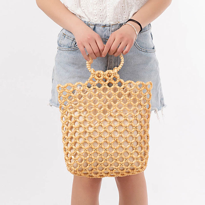 Bolso de mano de cuentas de madera huecas, red trenzada de hilo de pescar hecho a mano, piedras de Buda