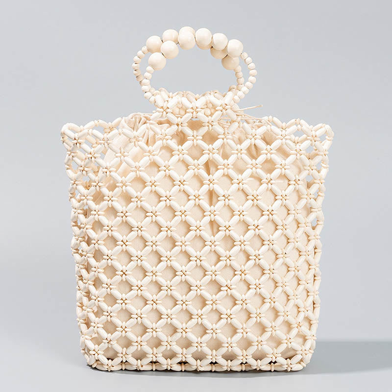 Bolso de mano de cuentas de madera huecas, red trenzada de hilo de pescar hecho a mano, piedras de Buda