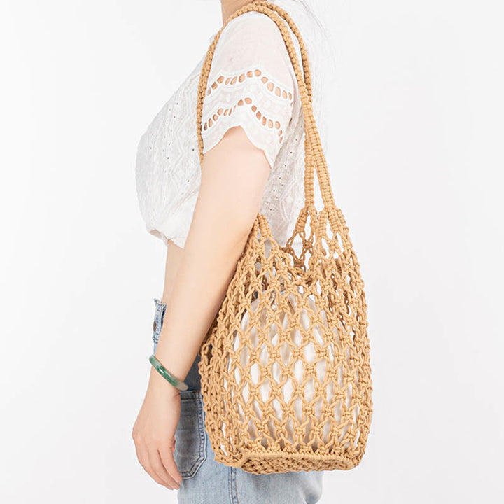 Bolso de Hombro Hecho a Mano con Hilo de Algodón y Piedras de Buda