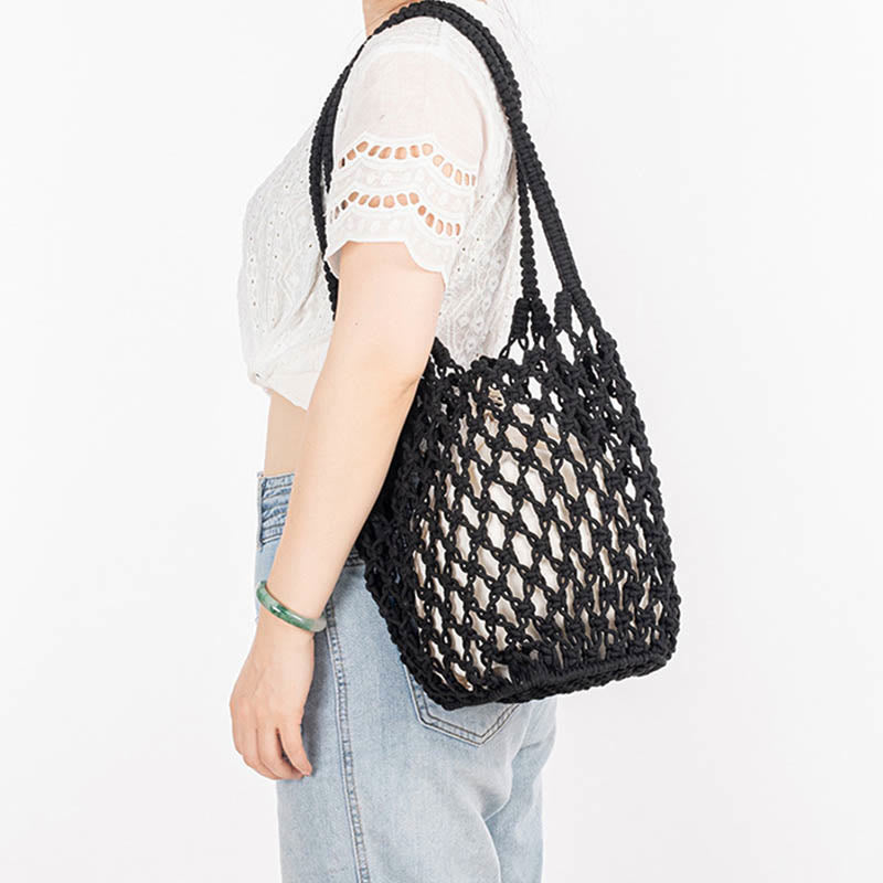 Bolso de Hombro Hecho a Mano con Hilo de Algodón y Piedras de Buda