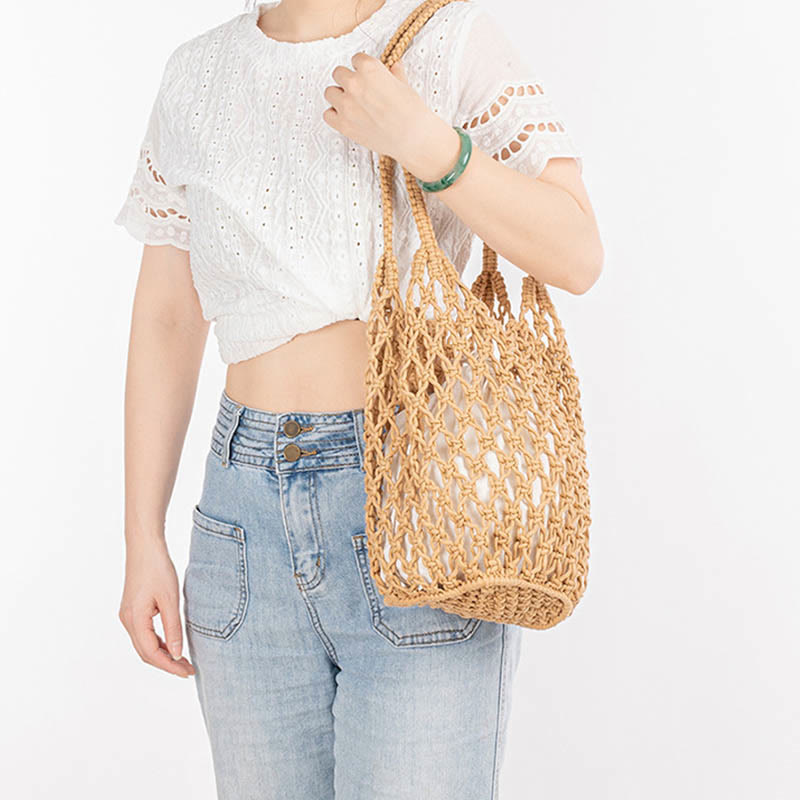 Bolso de Hombro Hecho a Mano con Hilo de Algodón y Piedras de Buda