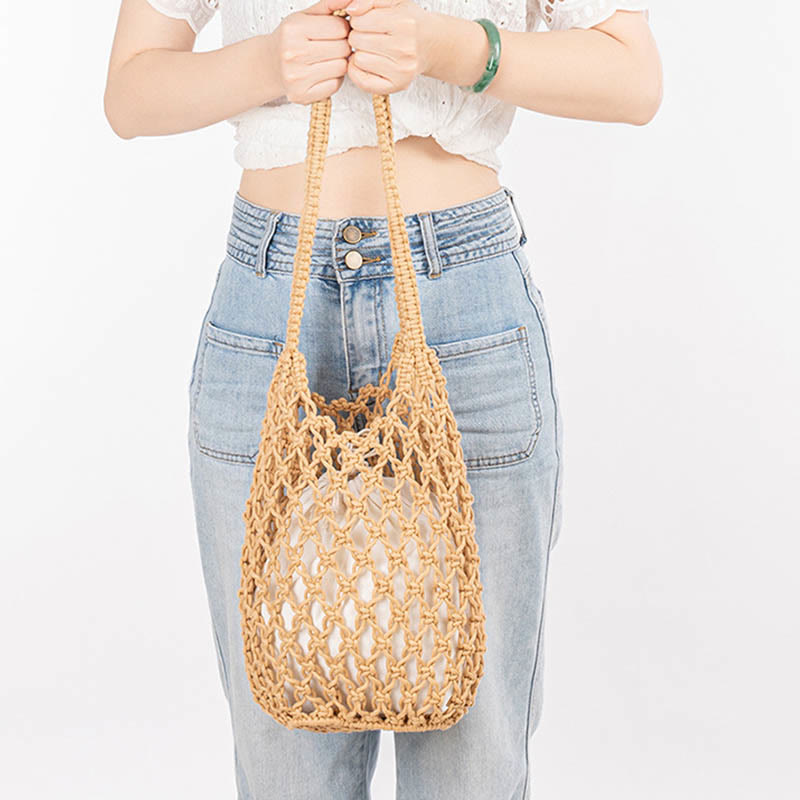 Bolso de Hombro Hecho a Mano con Hilo de Algodón y Piedras de Buda