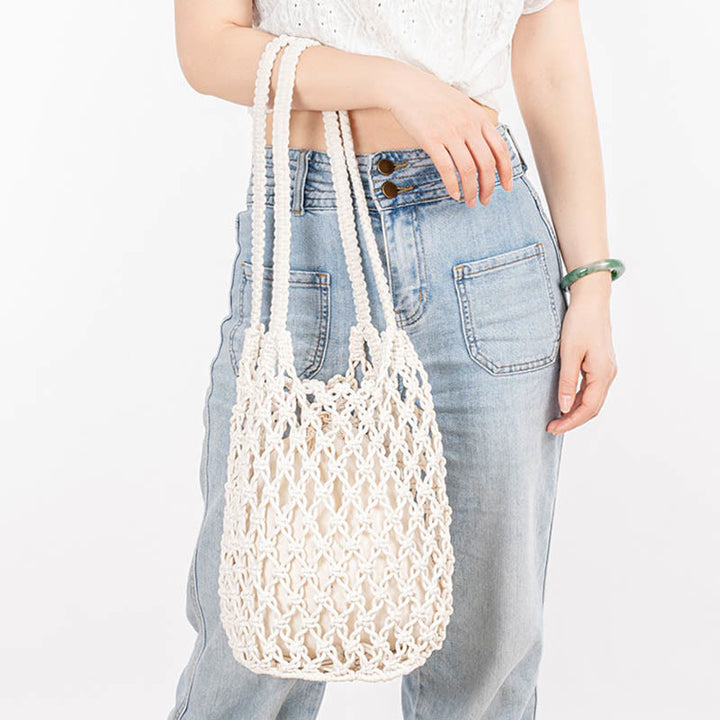 Bolso de Hombro Hecho a Mano con Hilo de Algodón y Piedras de Buda