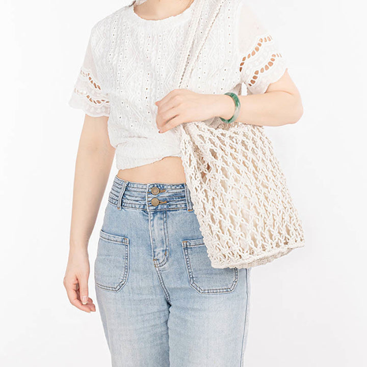 Bolso de Hombro Hecho a Mano con Hilo de Algodón y Piedras de Buda