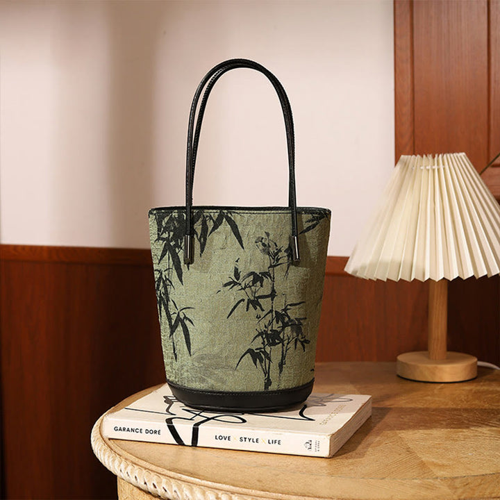 Bolso de mano vintage con estampado de piedras de Buda y bambú verde