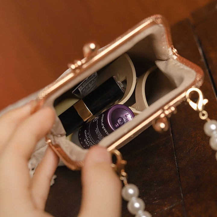 Bolso de hombro con cadena de perlas, patrón de orquídeas en piedra de montaña de piedras de Buda