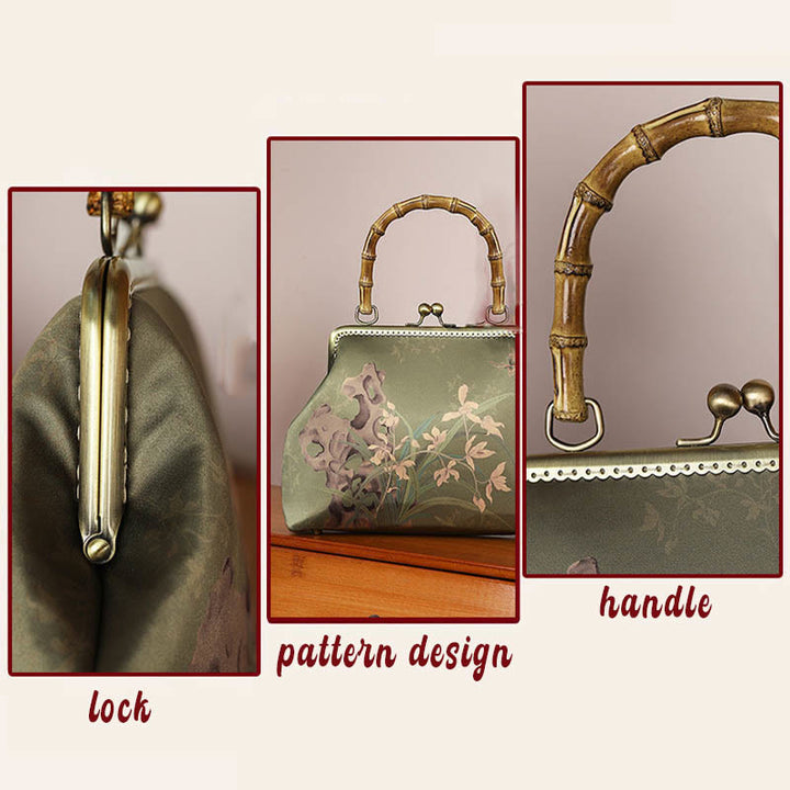 Bolso de mano cruzado con cadena de metal, asa de bambú, piedras de Buda, plantas verdes, montañas