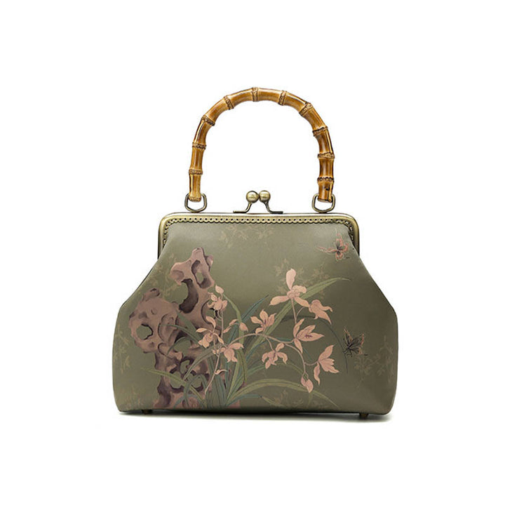 Bolso de mano cruzado con cadena de metal, asa de bambú, piedras de Buda, plantas verdes, montañas