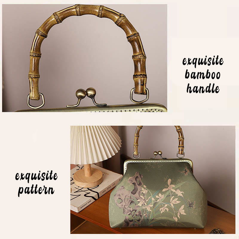 Bolso de mano cruzado con cadena de metal, asa de bambú, piedras de Buda, plantas verdes, montañas