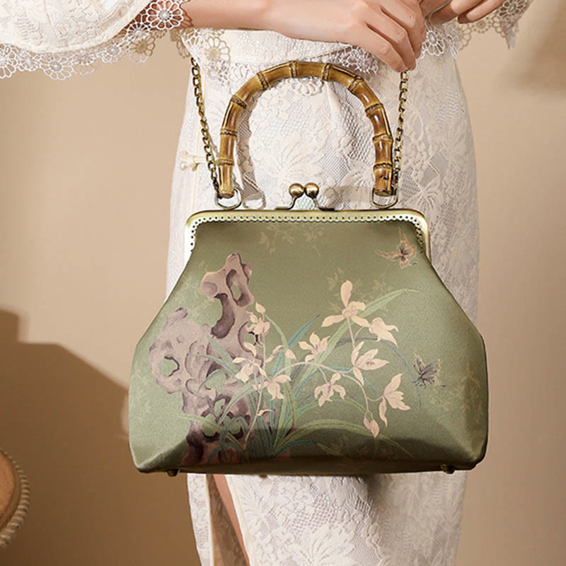 Bolso de mano cruzado con cadena de metal, asa de bambú, piedras de Buda, plantas verdes, montañas