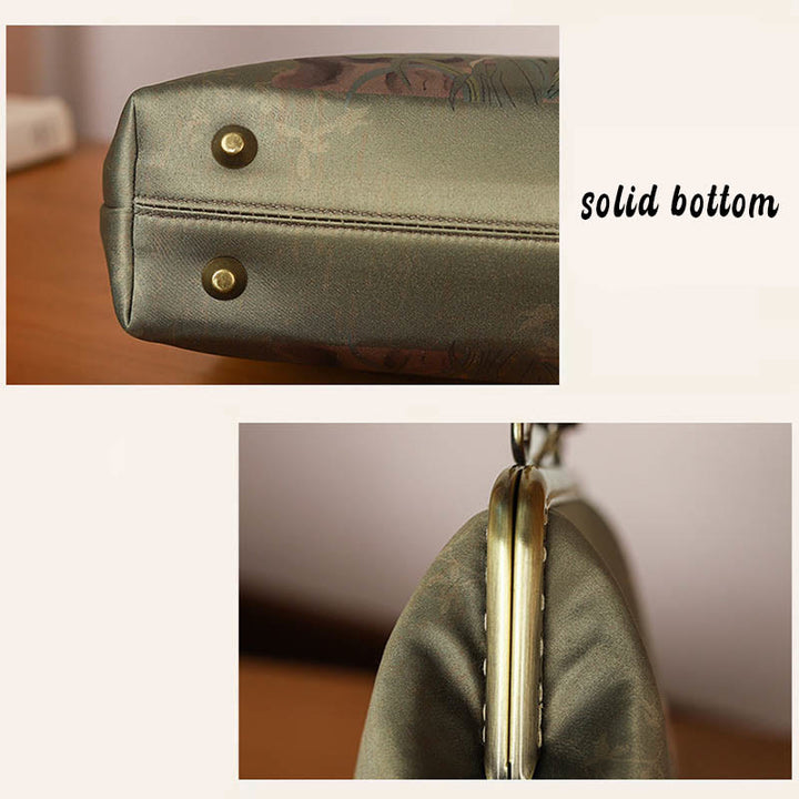 Bolso de mano cruzado con cadena de metal, asa de bambú, piedras de Buda, plantas verdes, montañas