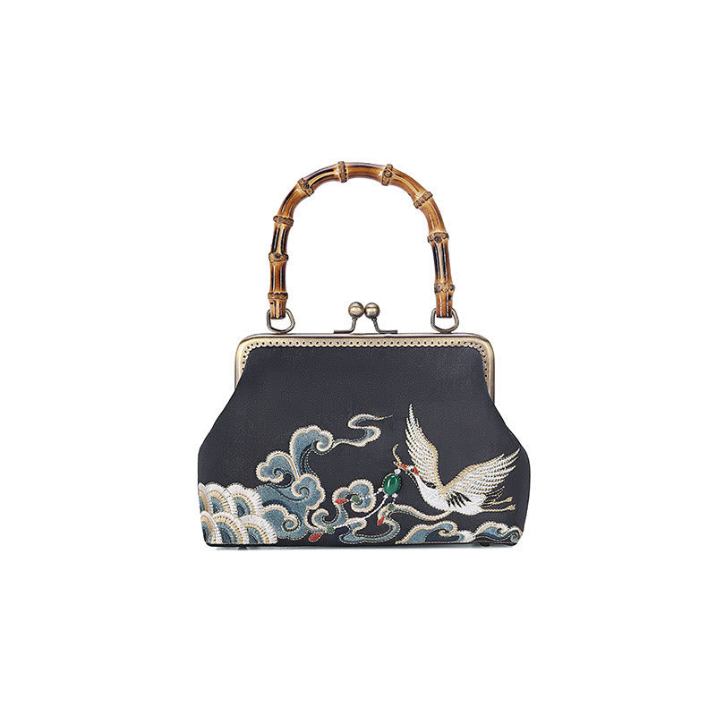 Bolso de asa de bambú con bordado de grullas nubes auspiciosas de piedras de Buda