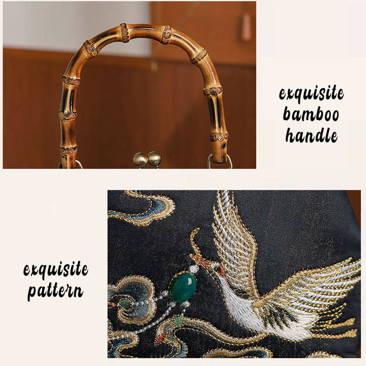Bolso de asa de bambú con bordado de grullas nubes auspiciosas de piedras de Buda