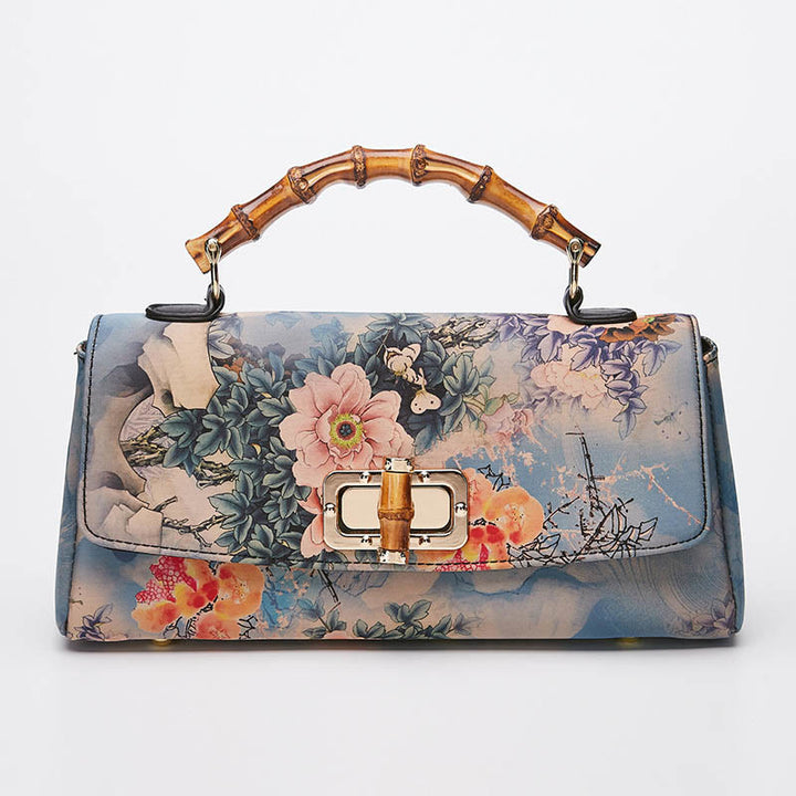 Bolso de cadena cruzada con asa de bambú, patrón de flores y piedras de Buda