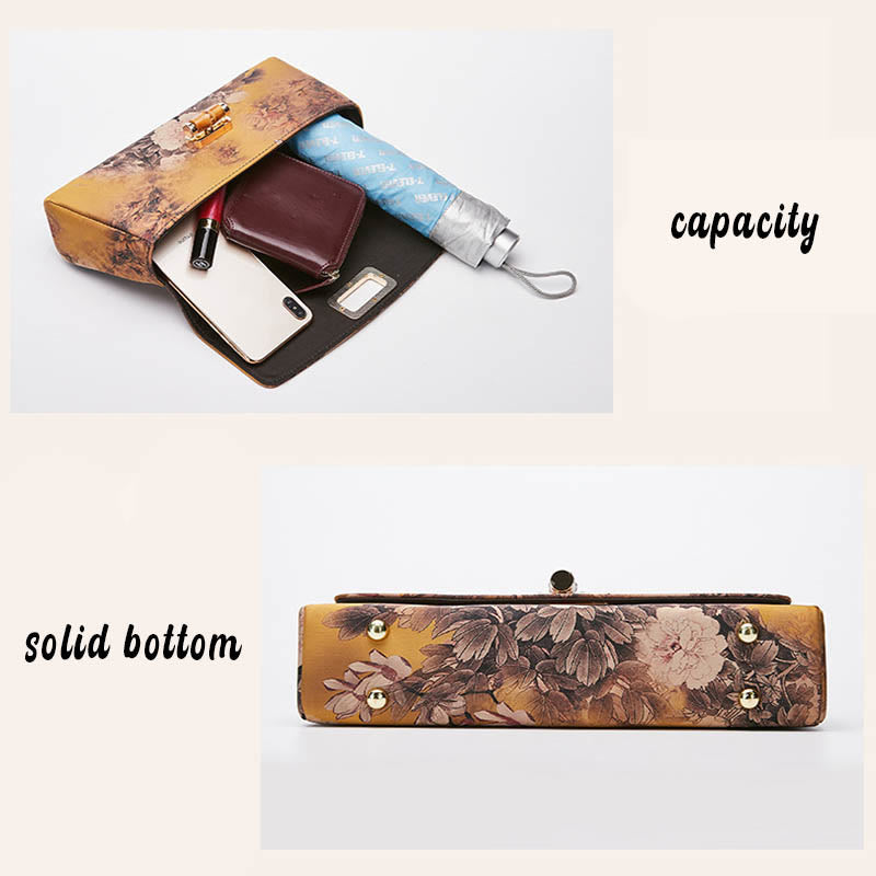 Bolso de cadena cruzada con asa de bambú, patrón de flores y piedras de Buda