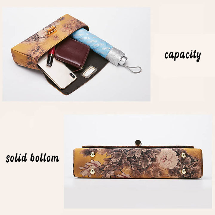 Bolso de cadena cruzada con asa de bambú, patrón de flores y piedras de Buda
