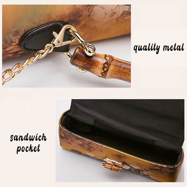 Bolso de cadena cruzada con asa de bambú, patrón de flores y piedras de Buda