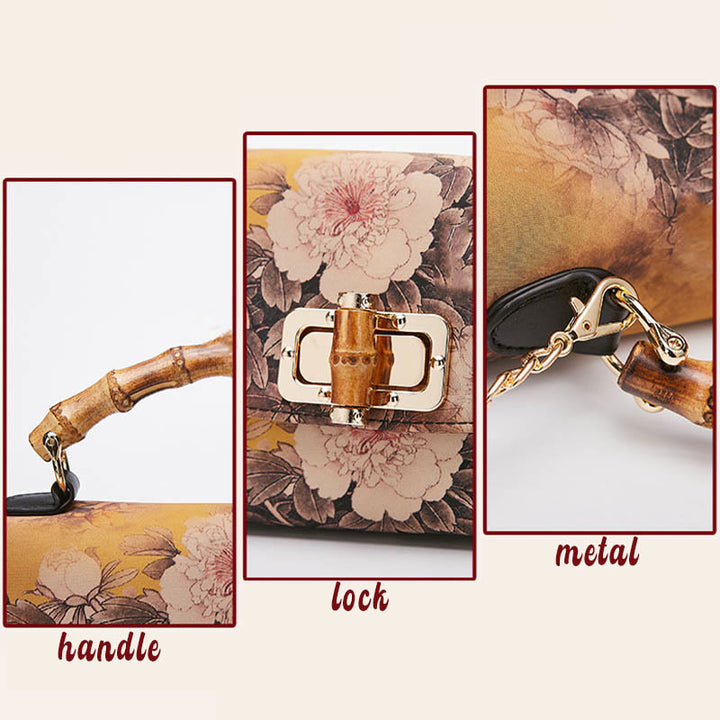 Bolso de cadena cruzada con asa de bambú, patrón de flores y piedras de Buda