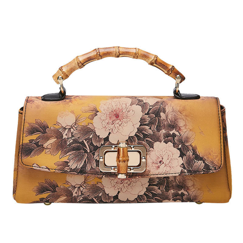 Bolso de cadena cruzada con asa de bambú, patrón de flores y piedras de Buda