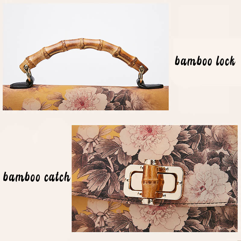 Bolso de cadena cruzada con asa de bambú, patrón de flores y piedras de Buda