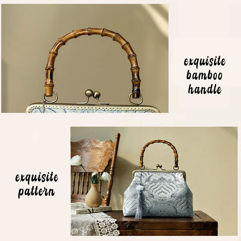 Bolsos de Mano Cruzados con Cadenas de Metal, Mango de Bambú, Líneas Plateadas y Piedras de Buda