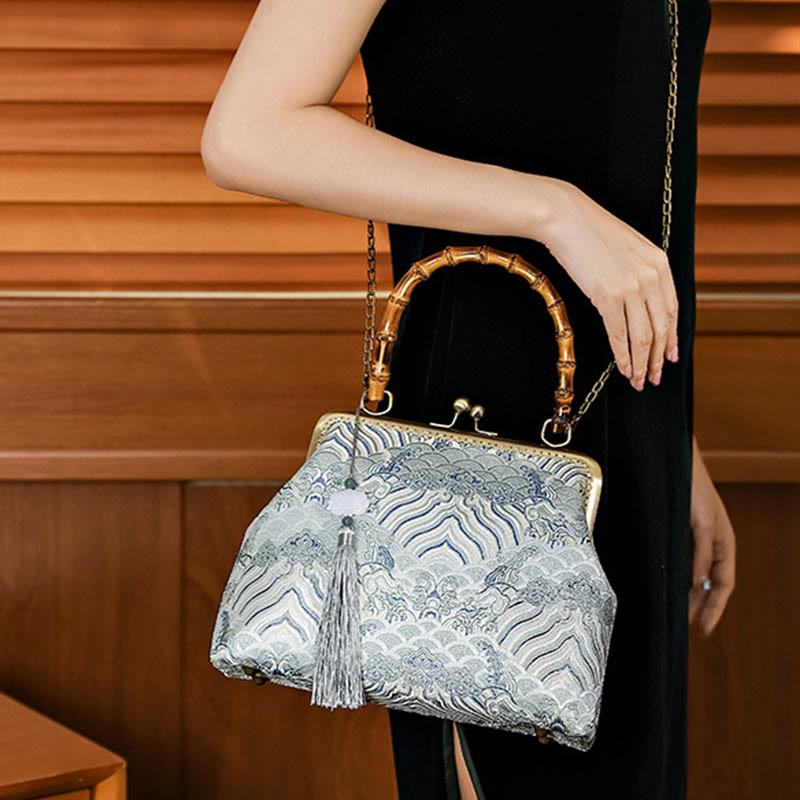 Bolsos de Mano Cruzados con Cadenas de Metal, Mango de Bambú, Líneas Plateadas y Piedras de Buda