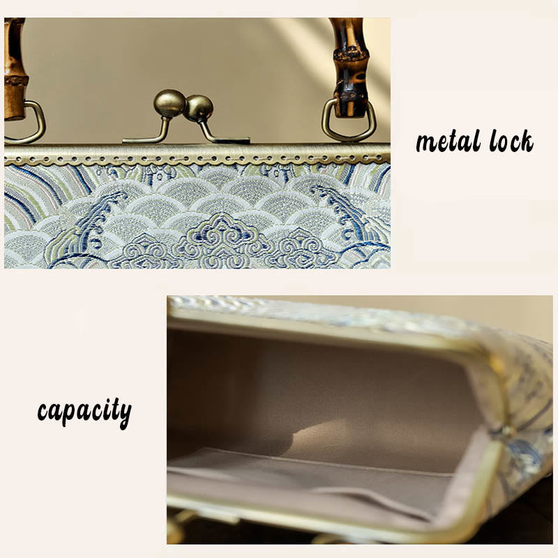 Bolsos de Mano Cruzados con Cadenas de Metal, Mango de Bambú, Líneas Plateadas y Piedras de Buda