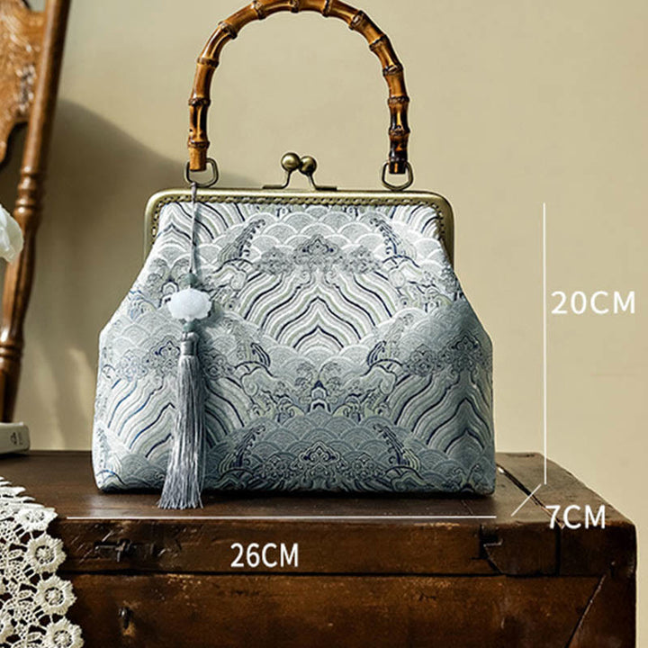 Bolsos de Mano Cruzados con Cadenas de Metal, Mango de Bambú, Líneas Plateadas y Piedras de Buda