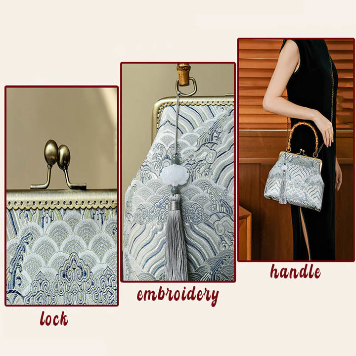 Bolsos de Mano Cruzados con Cadenas de Metal, Mango de Bambú, Líneas Plateadas y Piedras de Buda