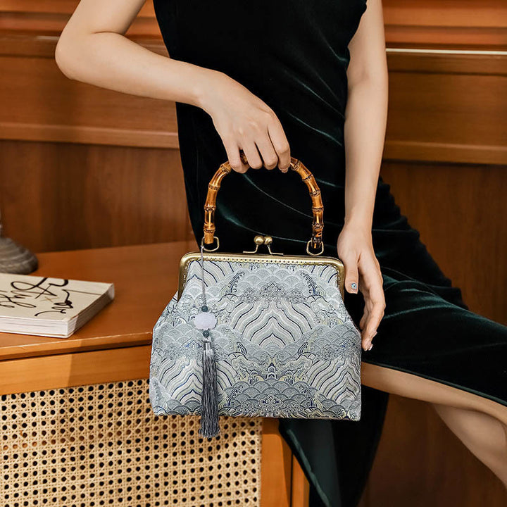 Bolsos de Mano Cruzados con Cadenas de Metal, Mango de Bambú, Líneas Plateadas y Piedras de Buda