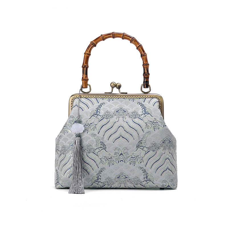 Bolsos de Mano Cruzados con Cadenas de Metal, Mango de Bambú, Líneas Plateadas y Piedras de Buda