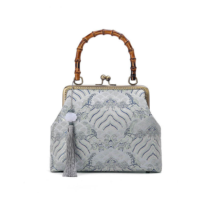 Bolsos de Mano Cruzados con Cadenas de Metal, Mango de Bambú, Líneas Plateadas y Piedras de Buda